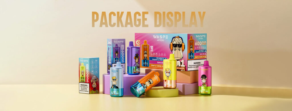 A Colorful Display Of Wasp Disposable Vape Products With Cartoon Illustrations On The Packaging, Showcasing Various Flavors And Puff Counts, Set Against A Neutral Background With The Words 'Package Display' Above.