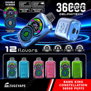 A promotional image for the Bang King Constellation disposable vape featuring multiple units in blue, pink, and green colors, highlighting features like double screen, 36000 puffs, 12 flavors, touchable airflow, and specifications including dual mesh coil, 30ml capacity, 650mAh battery, and Type-C charging.