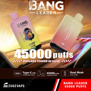 Publicité pour la vape BANG Leader, comprenant deux appareils de vape colorés d'une capacité de 45 000 bouffées, un chargement USB de type C et un type de bobine à double maille ; l'arrière-plan montre une piste de course améliorée numériquement.