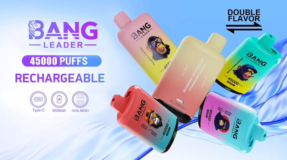 Une image promotionnelle pour Bang Leader Vape, présentant cinq appareils rechargeables colorés avec une capacité de 45 000 bouffées, une option de double saveur et dotés d'une charge de type C, d'une batterie de 650 mAh et d'une technologie Dual Mesh.