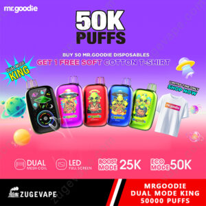Colorful advertisement for Mr.Goodie Dual Mode King 50000 Puffs disposable vapes featuring various vape designs, text highlighting 50,000 puffs, dual mesh coil, LED screen, and a promotion for a free cotton T-shirt with purchase.