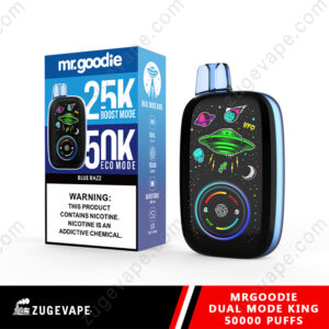 Packaging and device of Mr. Goodie Dual Mode King vape featuring 2500 puffs in Boost Mode and 5000 puffs in Eco Mode displayed alongside a detailed UFO-themed graphic design on the device.