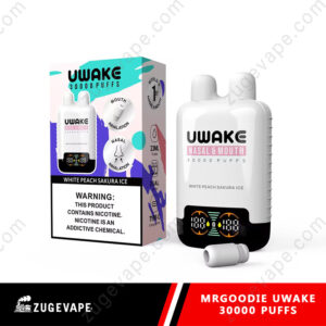 Packaging and device of UWake 30000 puffs vape in White Peach Sakura Ice flavor, featuring nasal and mouth inhalation options, with a warning about nicotine addiction prominently displayed.