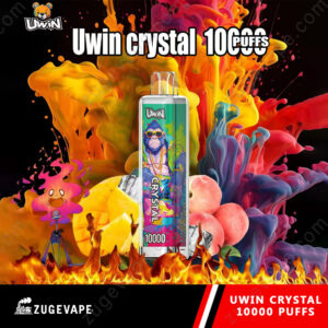 A colorful promotional design for Uwin Crystal vape featuring vibrant abstract splashes, fruit illustrations, and the text "Uwin crystal 10000 puffs."
