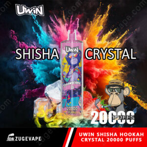 Advertisement featuring UWIN Shisha Crystal with Strawberry Ice flavor, surrounded by vibrant bursts of colored powder, 20000 puffs capacity, and a cartoon monkey smoking a pipe wearing sunglasses and a hat.
