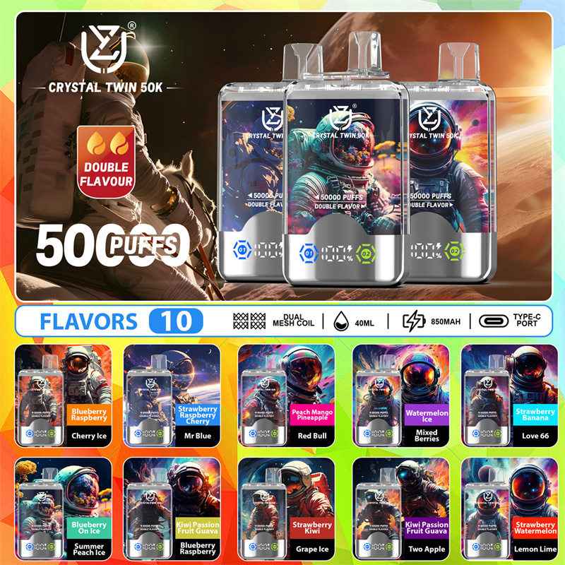 Promotional Image Showcasing The 'Uzy Crystal Twin 50000 Puffs' Disposable Vape Devices With Double Flavors Technology, 50K Puffs, Available In 10 Flavors Highlighted Through Illustrations Of Astronauts And Flavor Names.