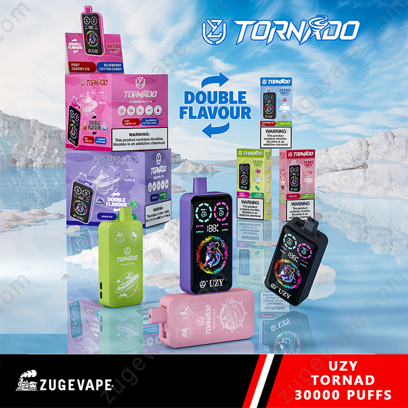 Advertisement For Uzy Tornado 30000 Puffs Devices Showcasing A Variety Of Colorful Designs And Emphasizing &Quot;Double Flavors&Quot; And 30,000 Puffs, Set Against An Icy Backdrop.