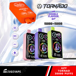 Promotional image featuring UZY Tornado vaping devices in colorful designs advertising double flavor and 30,000 total puffs with key features like dual mesh coil and Type-C charging.