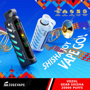 Kampanjbild med två Vozol Gear Shisha vape-enheter, en svart och en vit, som visas tillsammans med färgglad grafik och produktfunktioner som justerbart luftflöde och en 2,1-tums skärm.
