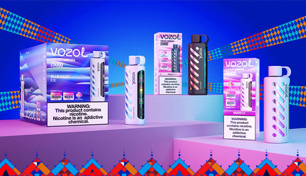 A Promotional Image Showcasing Vozol Gear Shisha Products In Different Flavors On A Colorful Blue And Patterned Background.