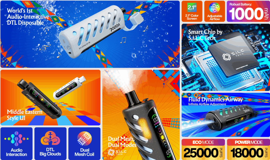Colorful Advertisement Showcasing Audio-Interactive Disposable Vape Devices With Digital Screens, Highlighting Features Like Adjustable Airflow, Robust Battery, Dual Mesh Coil, Smart Chip Technology, And Modes For Different Puff Counts.