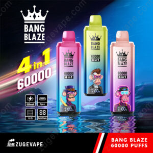 Three colorful Bang Blaze disposable vape devices featuring cartoon monkeys and product stats such as 60,000 puffs, digital display, 650mAh battery, and Type-C charging, with branding for Zugevape.