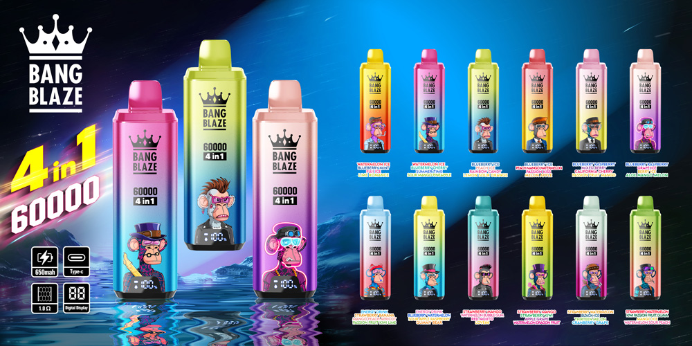 A Lineup Of Colorful Bang Blaze Vape Devices, Each Featuring A Cartoon Animal Character, With Product Details Such As 4 In 1 Functionality, 60000 Puffs, 650Mah Battery, And Type-C Charging, Alongside Various Flavors Listed Below The Devices On A Vibrant Blue And Purple Background.