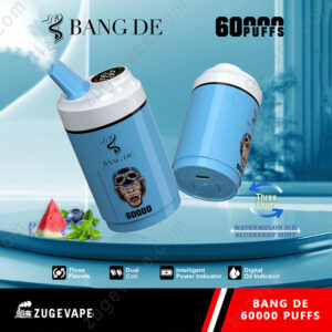 Promotional image for ZUGE VAPE's blue BANG DE disposable vape device featuring 60,000 puffs, three flavors (watermelon ice, blueberry, mint), dual coil, digital oil and power indicators, with some fruit ingredients shown in the foreground.