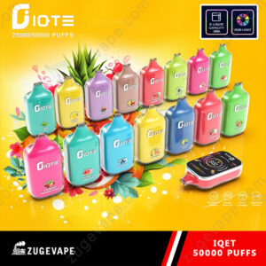 Colorful Diote IQET disposable vape devices displayed in rows with fruit graphics, highlighting 25,000/50,000 puffs, 38ml e-liquid capacity, RGB light, and branding for Zugevape.