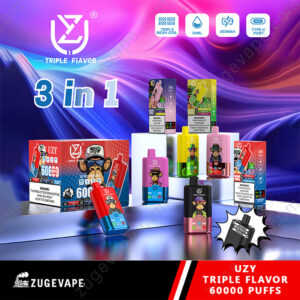Display of UZY Triple Flavor disposable vapes in various colors and packaging, highlighting a 3-in-1 triple mesh coil system with 60,000 puffs, 54ml capacity, 850mAh battery, and Type-C charging, set against a vibrant, purple and pink abstract background with promotional text.