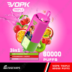 Promotional image for VOPK Triple vape in pink and green, showing a cartoon tiger, surrounded by strawberries, kiwi, and passion fruit, with text highlighting 60,000 puffs and three flavors: kiwi passion fruit, strawberry cherry, and love66.