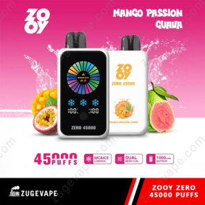 Promotional image for Zooy Zero disposable vape in Mango Passion Guava flavor, featuring two vape devices, images of passion fruit, mango, and guava, and highlights such as 45,000 puffs, dual mesh coil, nic & ice control, and 1,000 mAh battery.