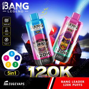 Home 8 Colorful Bang Legend Disposable Vape Devices Featuring Cartoon Gorilla Illustrations, With Branding Highlighting Mesh Coil, 50Ml E-Liquid, Type-C Charging, And 5-In-1 Functionality, Positioned Over A Dramatic Crystal Background.