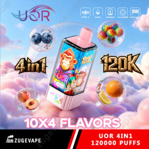 Home 6 Promotional Image For The Uor 4In1 Vape Device Showing A Colorful Device With A Cartoon Monkey On The Display, Surrounded By Floating Fruit Spheres Against A Pink And Blue Cloudy Sky, With Bold Text Reading '4 In 1', '120000 Puffs' And '10X4 Flavors'.