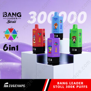 Home 5 Five Colorful Bang Leader Stoll 6In1 Vape Bottles Displayed On White Podiums Against A Purple Gradient Background With A Large 300K Graphic.