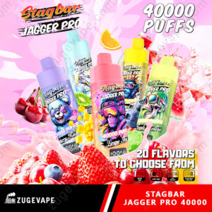 Home 19 Bright Ad With Several Colorful Stagbar Jagger Pro Vape Bottles With Fruity Graphics On A Pink Background, Promoting 40000 Puffs And 20 Flavors.