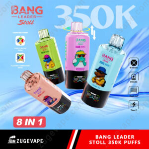 Home 3 Bright Blue Backdrop Featuring Four Colorful Bang Leader Stoll 350K Puff Bottles With Cartoon Characters, Labeled 8 In 1 Flavors, And A Red Banner &Quot;8 In 1&Quot; Plus Brand Text At Bottom.