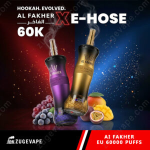 Two Metallic-Finish Vape Bottles, Purple And Gold, Stand Angled With Fruits (Grapes, Mango, Orange) In Front; Bold White Text Above Reads Hookah Evolved, And A Red X With &Quot;E-Hose&Quot; Beside It.