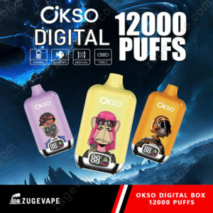 Home 25 Three Colorful Vape Pods (Purple, Yellow, Orange) With Cartoon Monkey Characters On The Front, Set Against A Dark Blue Icy Background With The Text Okso Digital And 12000 Puffs.