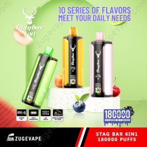 Home 29 Three Colorful Stagbar 6In1 Vape Devices In Green, Yellow, And Pink Stand On A Light Green Background With Fruit Accents And The Text “10 Series Of Flavors Meet Your Daily Needs.”