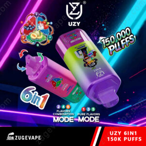 Home 26 Uzy 6In1 Vape Liquid Bottles In Purple And Pink With Colorful Labels, A &Quot;150,000 Puffs&Quot; Claim, And Neon Light Background Showing Flavor Options And Modes.