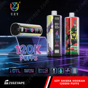 Home 27 Uzy Shisha Hookah 120K Puffs Display With Two Tall Vape Bottles And A Curved Black Device, Colorful Labels, Dark Background, And Futuristic Graphics