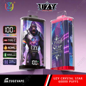 Home 28 Uzy Crystal Star Vape Device With Two Black And Pink Boxed Mods, Purple Gradient Background, Display Showing Monster Character, Device Specs Icons On Left (100% Battery, Type-C, 40Ml, 650Mah, Dual Mesh Coil), Zeugevape Branding At Bottom.