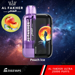 Home 1 Peach Ice Vape Device With A Purple Mouthpiece, Black Body Screen Showing An Astronaut On A Lunar Landscape, Set Against A Starry Space Background; Branding “Al Fakher” And “Al Fakher Ultra 25000 Puffs” At Bottom.