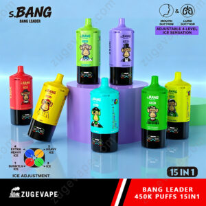 Home 2 Colorful 15-In-1 Bang Leader Ice Puff Bottles With Monkey Mascot, Arranged On A Pastel Stage; Bright Plastic Bottles In Red, Yellow, Green, Blue, Purple With Black Bases.