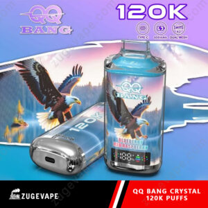 Home 21 Bright Purple And Blue Packaging For Qq Bang 120K Vape, Featuring A Blue Raspberry Flavor Bottle With An Eagle Graphic And “120K” Text, Plus A Sleek Cylindrical Vape Device.
