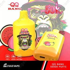 Home 18 Two Bright Yellow Vape Devices With A Cartoon Monkey Logo And &Quot;50K&Quot; Text, Set Against A Colorful Fruit-Themed Backdrop.