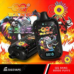 Home 17 Two Black Disposable Vape Devices With Colorful Dragon And Flame Artwork, Qq Bang Branding, And A Bright Rainbow Background Displaying “80000 Puffs” And Tech Icons.