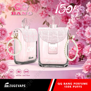 Home 22 Pink Perfume Bottles With Crystal Caps, Pearl Straps, And Floral Pink Background; Qq Bang Branding And “Strawberry Ice” Label Visible.