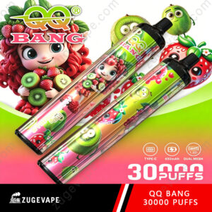 Home 15 Colorful Vape Pens With Fruity Cartoon Designs, Set Against A Bright Green-Pink Background Featuring Qq Bang And Fruit Characters.